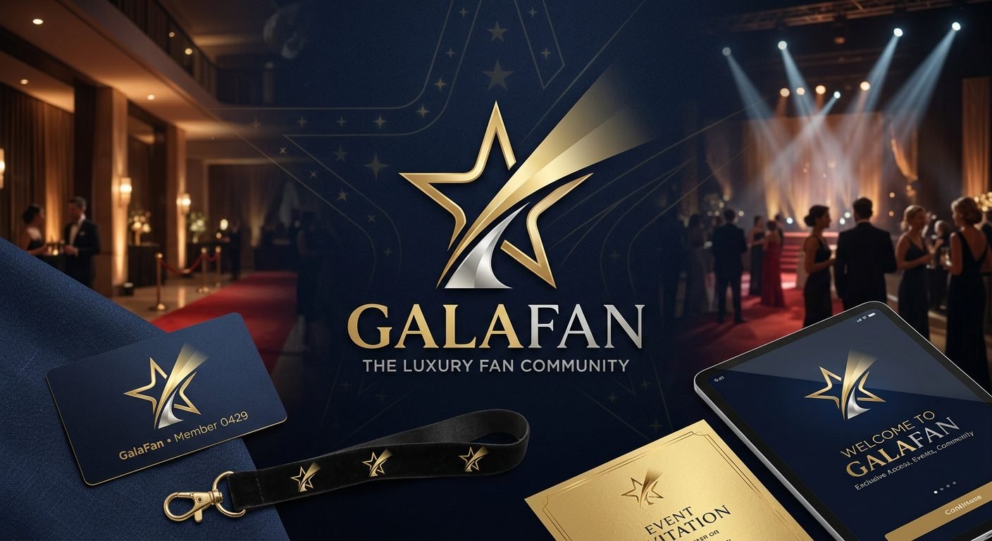 GalaFan brand concept: gold and silver star over red carpet scenes